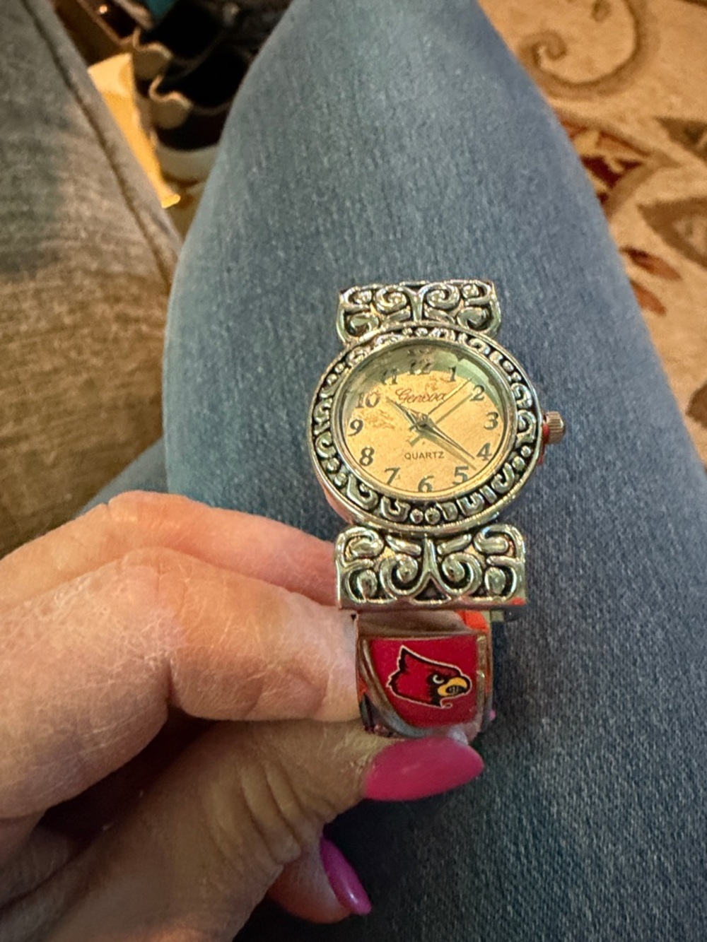 Geneva Silver Filigree Quartz Watch with Red Louisville cardinal Band Accent